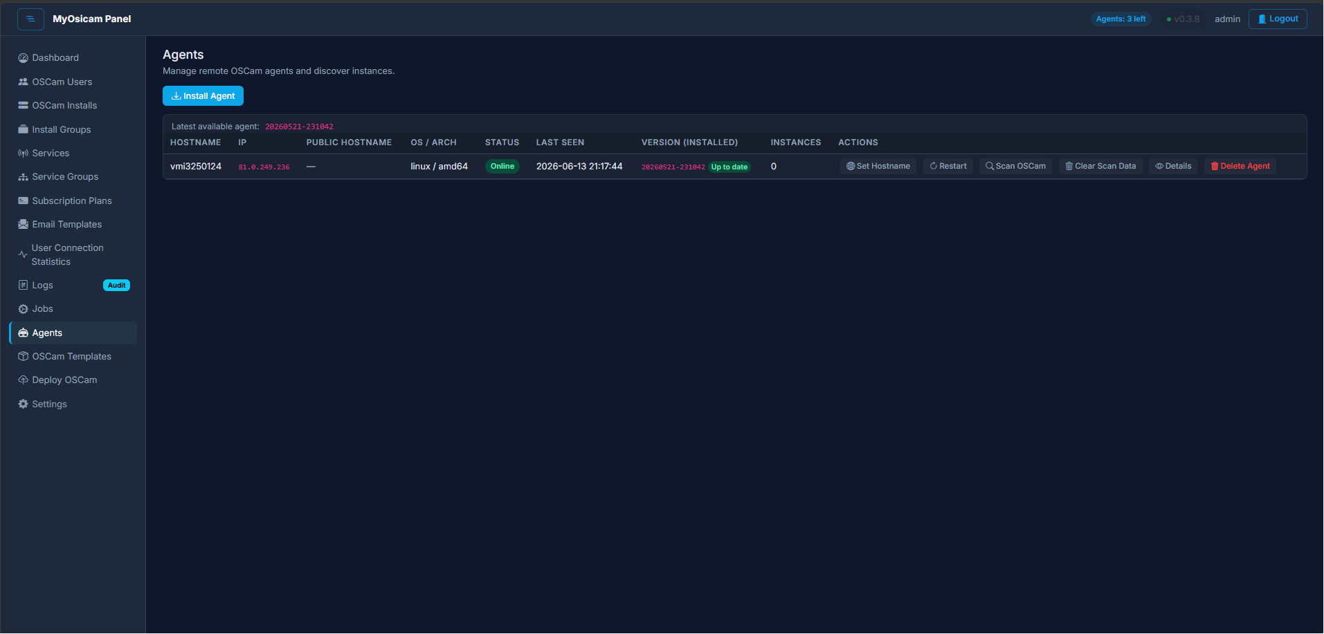 Screenshot: Monitor and manage the agent on each server