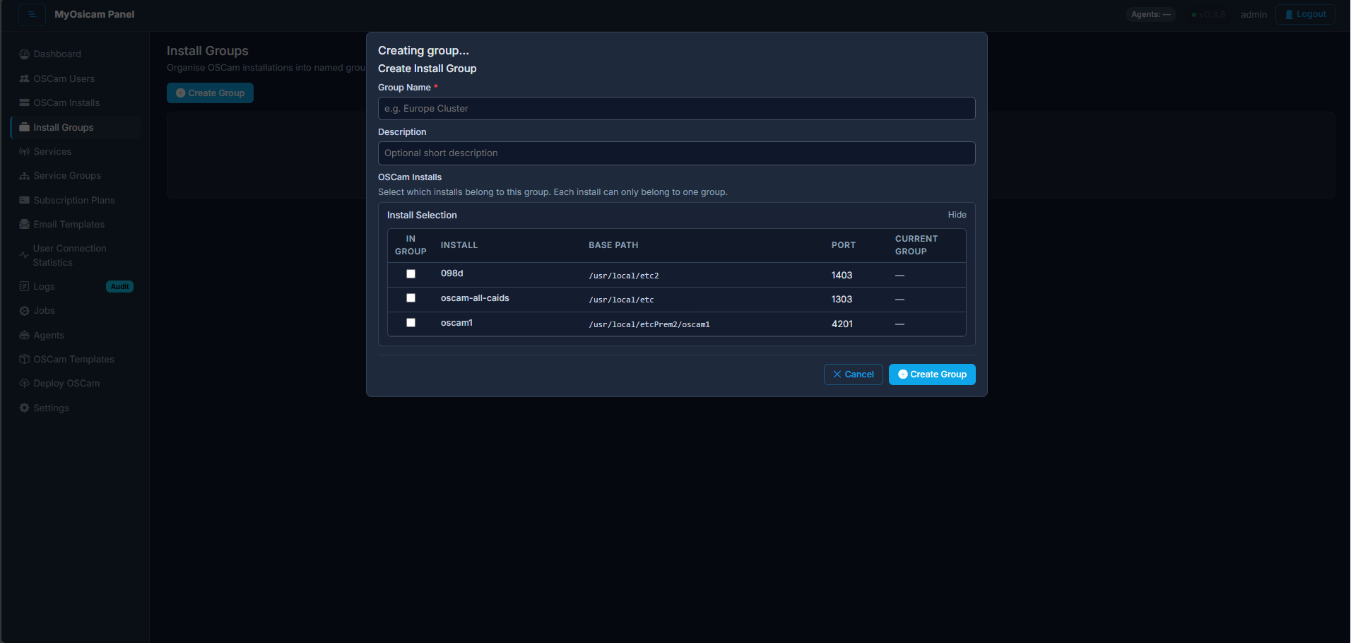 Screenshot: Organise installs into logical groups