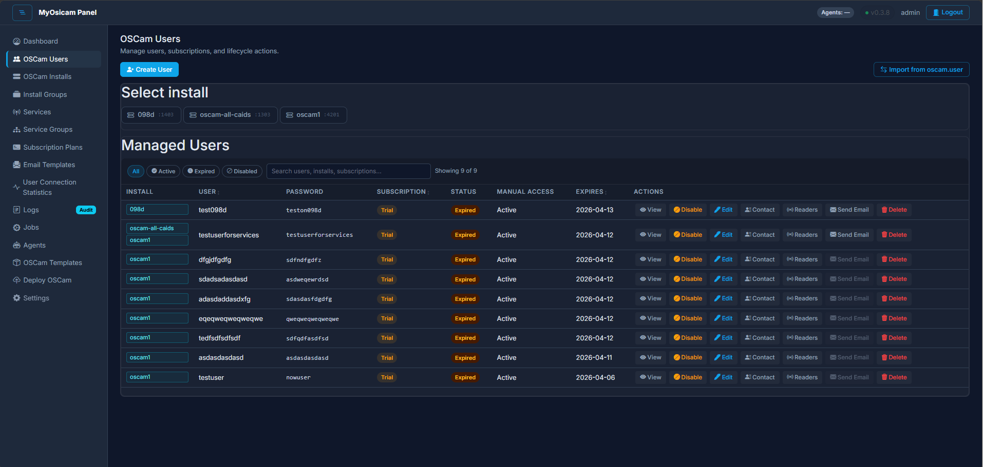Screenshot: Manage OScam users with safe direct writes