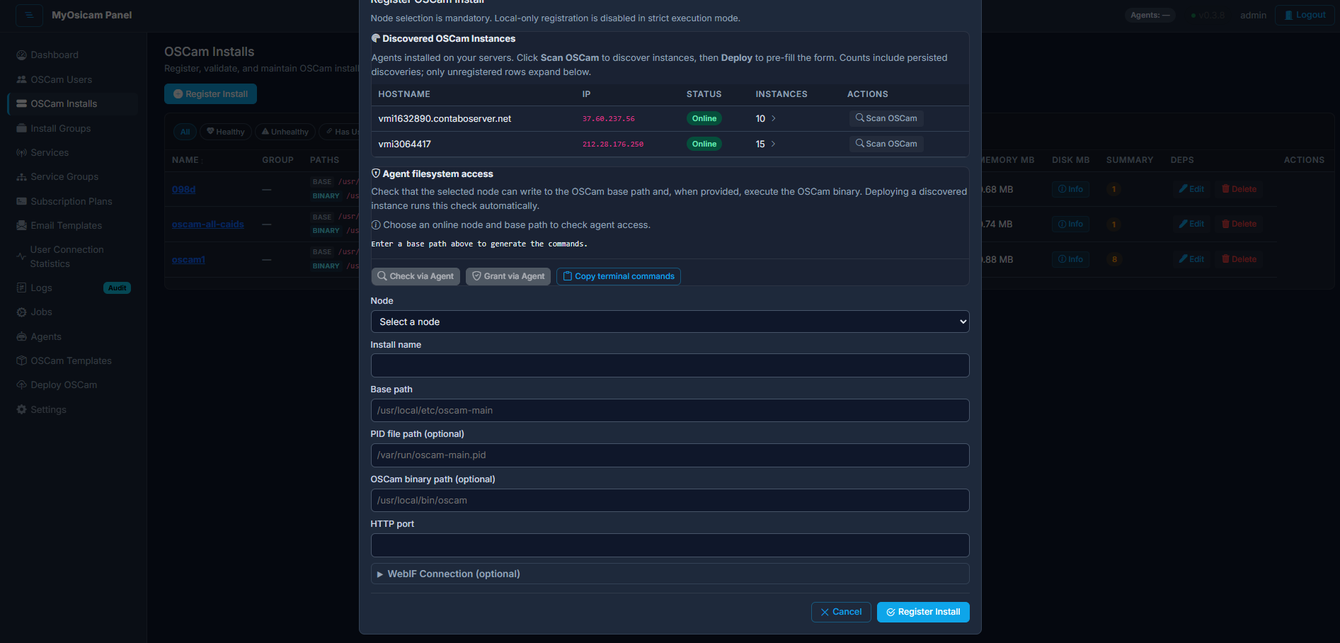 Screenshot: Manage WebIF credentials from the panel